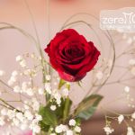 Rote Rose mit Schleierkraut und herzförmig gebundenen Gräsern, Hochzeitsdekoration